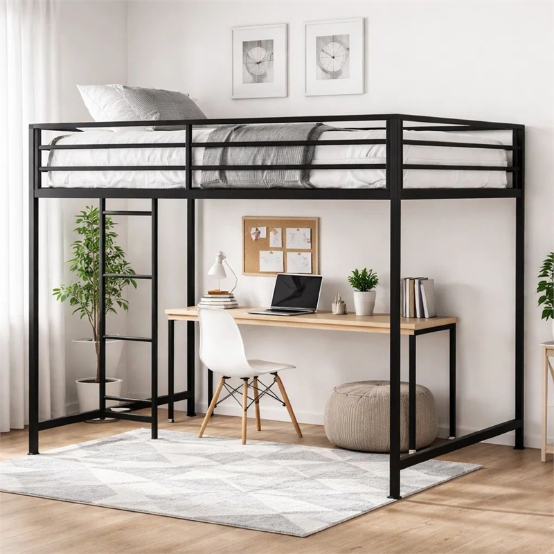 Ady Twin Size Loft Bed with Ladder and Guardrails- Black Metal Frame