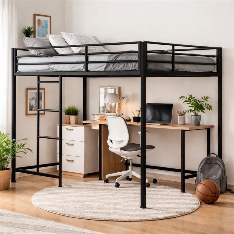 Ady Twin Size Loft Bed with Ladder and Guardrails- Black Metal Frame