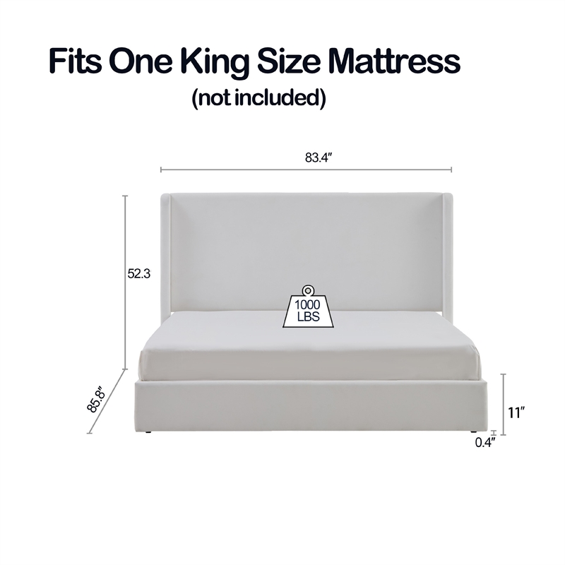 Cery King Size Bed with High Wingback Headboard- White Velvet Upholstery