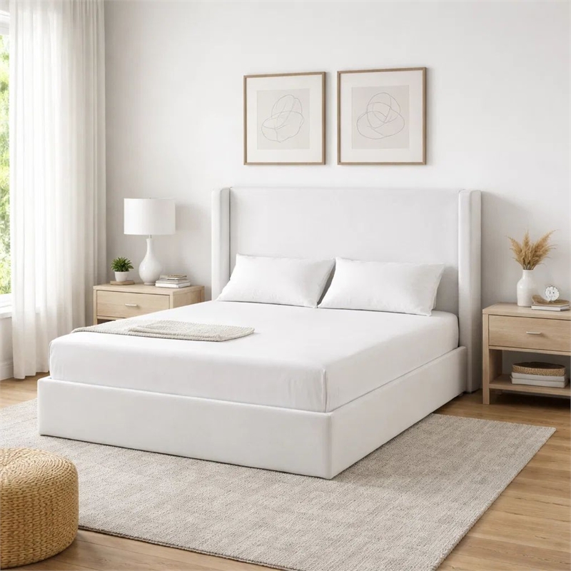 Cery King Size Bed with High Wingback Headboard- White Velvet Upholstery