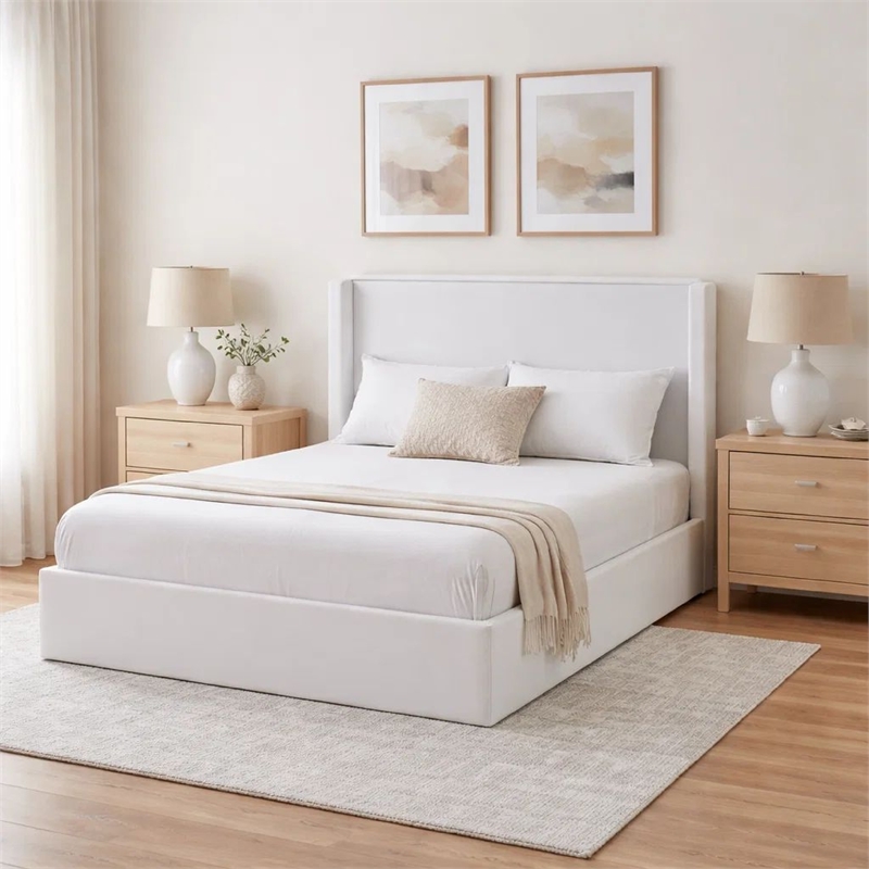 Cery King Size Bed with High Wingback Headboard- White Velvet Upholstery