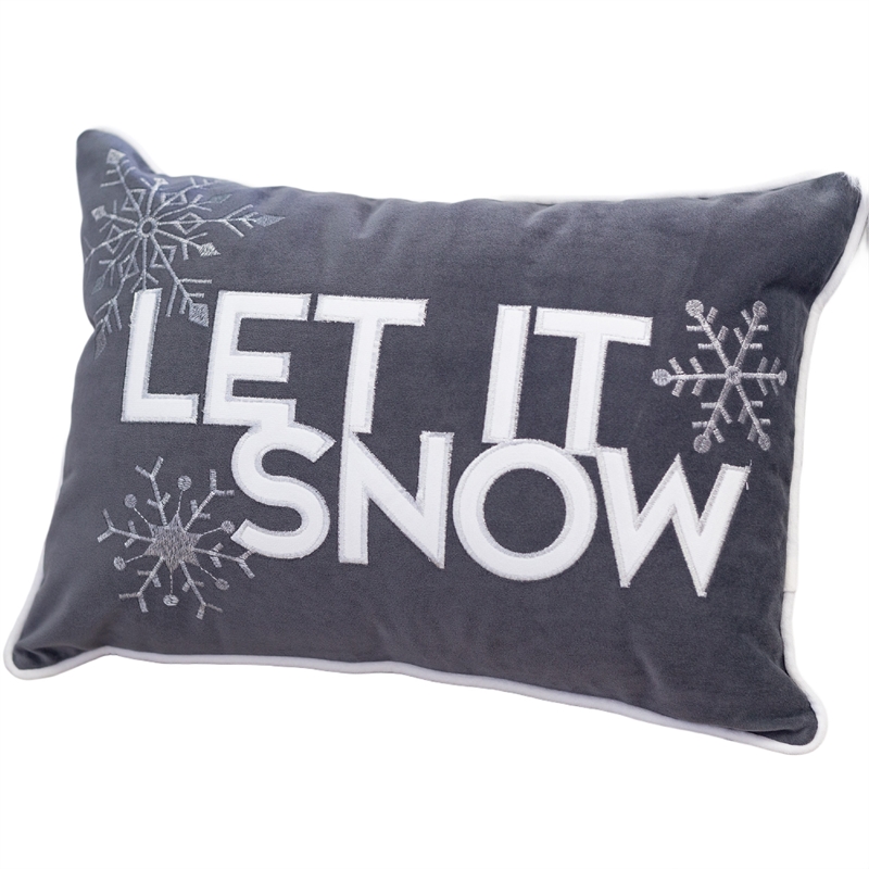 Jiny Dark Lumbar Pillow- Let It Snow White Velvet Embroidery 14x20