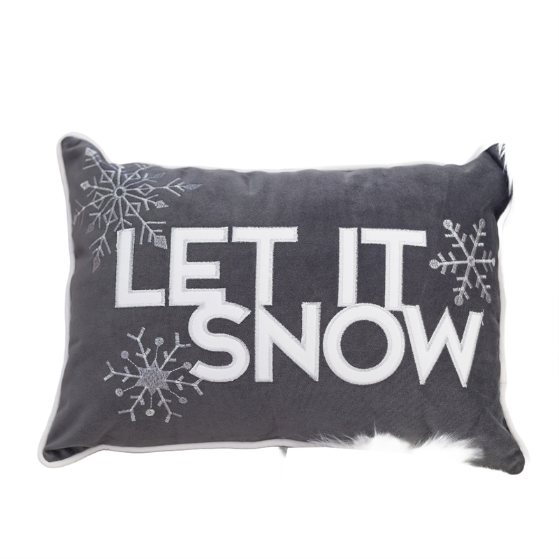 Jiny Dark Lumbar Pillow- Let It Snow White Velvet Embroidery 14x20