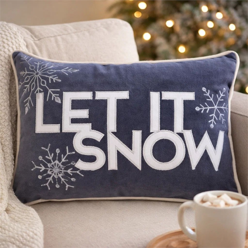 Jiny Dark Lumbar Pillow- Let It Snow White Velvet Embroidery 14x20