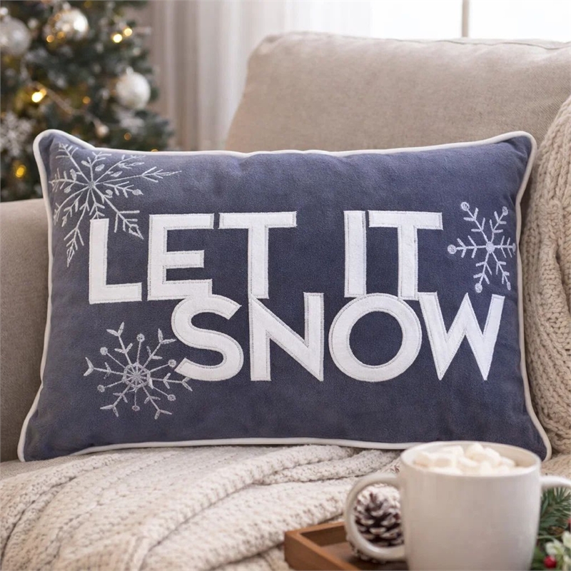 Jiny Dark Lumbar Pillow- Let It Snow White Velvet Embroidery 14x20