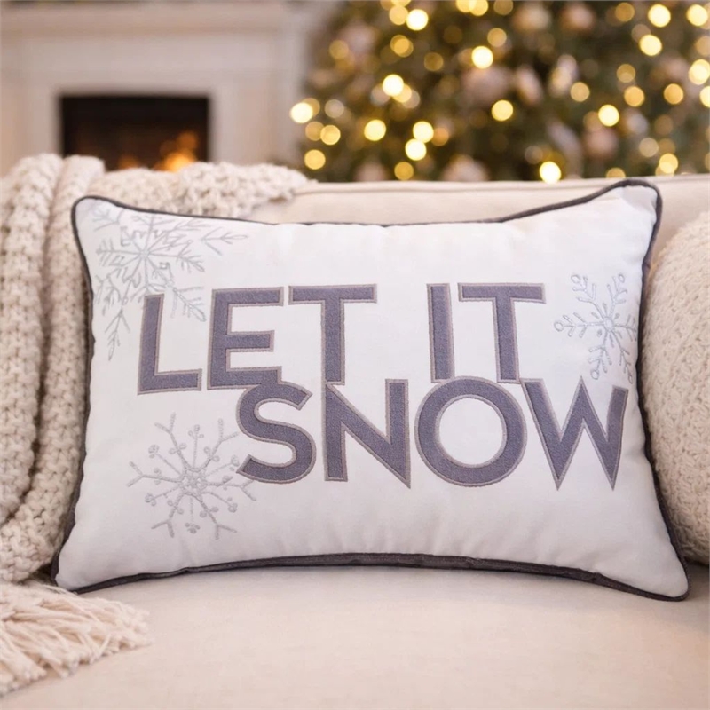 Jiny Lumbar Pillow with Insert- Let It Snow Gray Velvet Embroidery 14x20