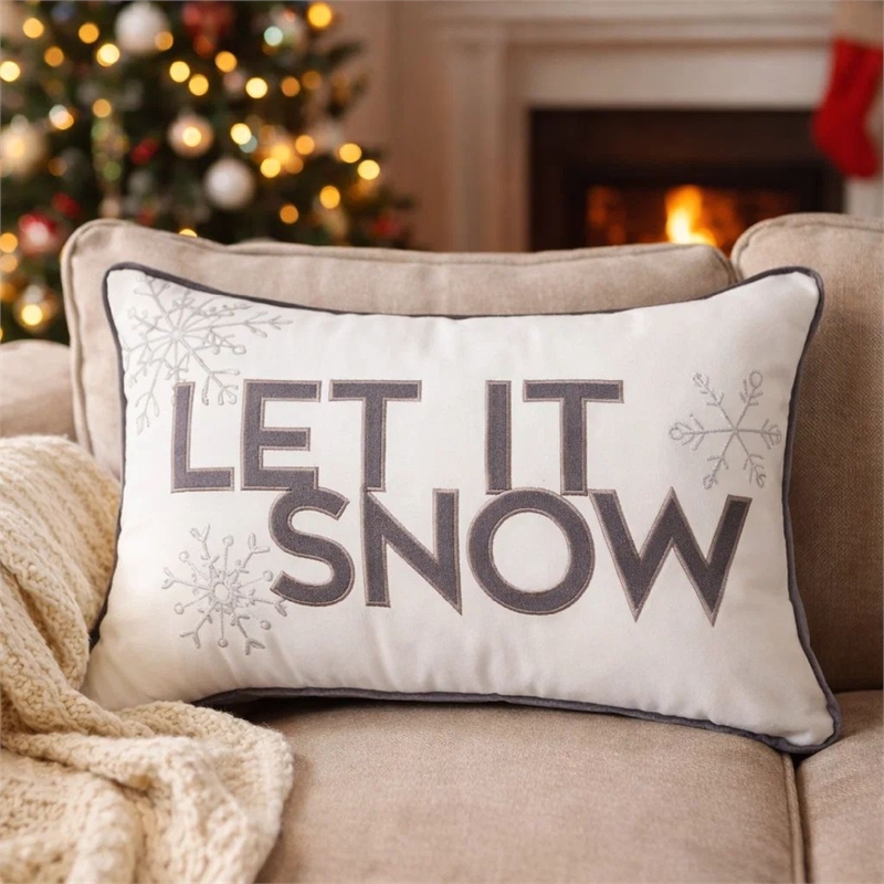Jiny Lumbar Pillow with Insert- Let It Snow Gray Velvet Embroidery 14x20