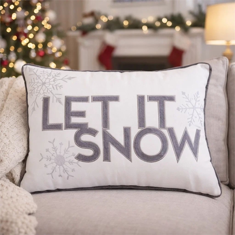 Jiny Lumbar Pillow with Insert- Let It Snow Gray Velvet Embroidery 14x20