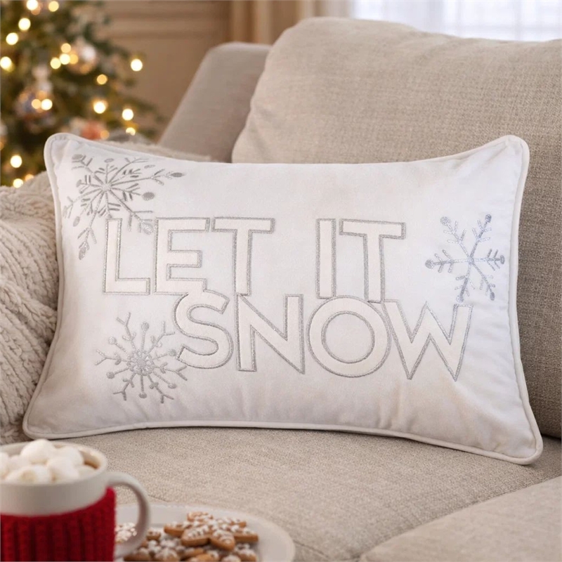 Jiny Lumbar Pillow with Insert- Let It Snow Ivory Velvet Embroidery 14x20