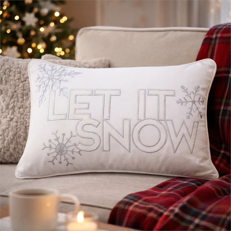 Jiny Lumbar Pillow with Insert- Let It Snow Ivory Velvet Embroidery 14x20