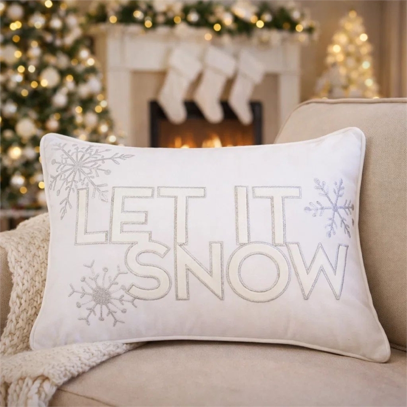Jiny Lumbar Pillow with Insert- Let It Snow Ivory Velvet Embroidery 14x20