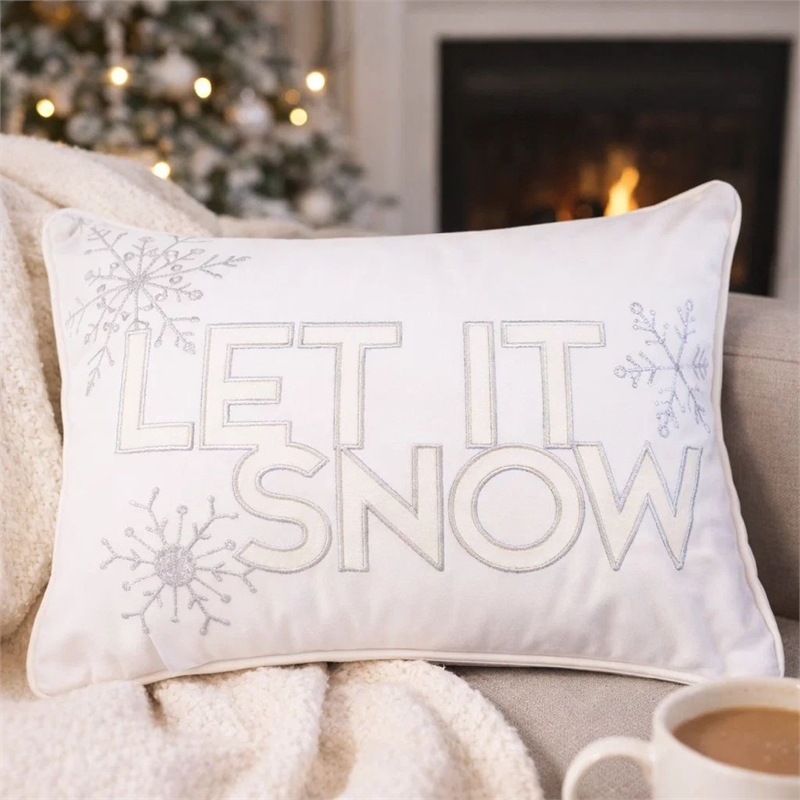Jiny Lumbar Pillow with Insert- Let It Snow Ivory Velvet Embroidery 14x20