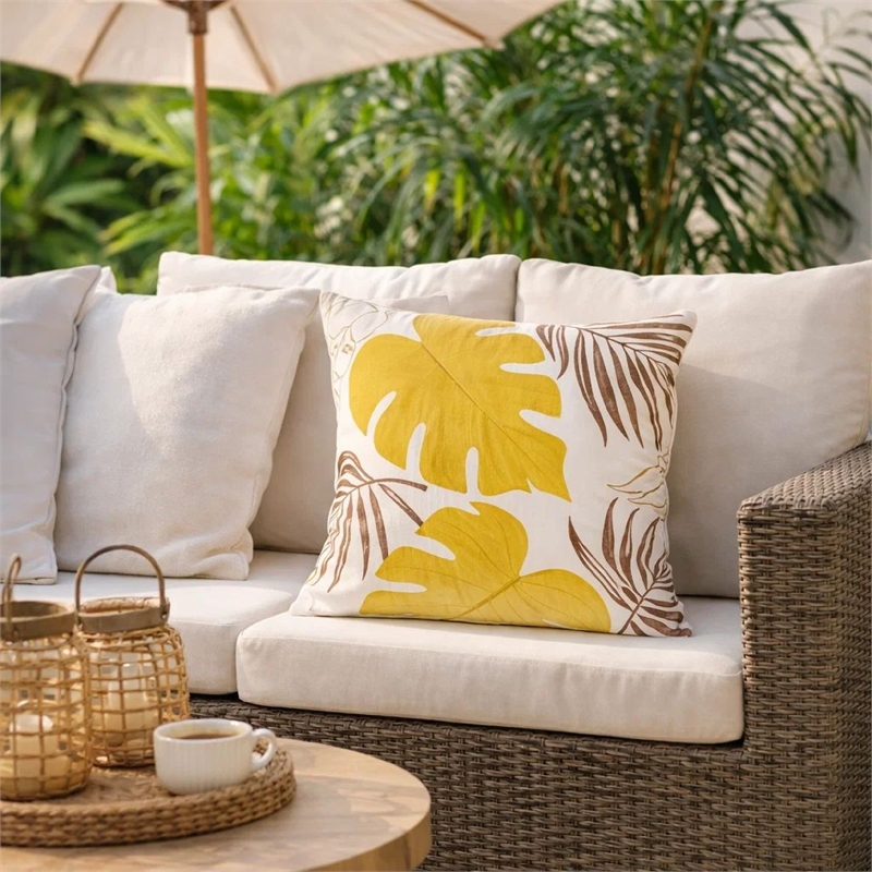 Lefy Accent Pillow Cover- Yellow Cover and White Leaf Vibes- 20 Inch Square