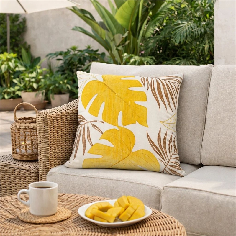 Lefy Accent Pillow Cover- Yellow Cover and White Leaf Vibes- 20 Inch Square
