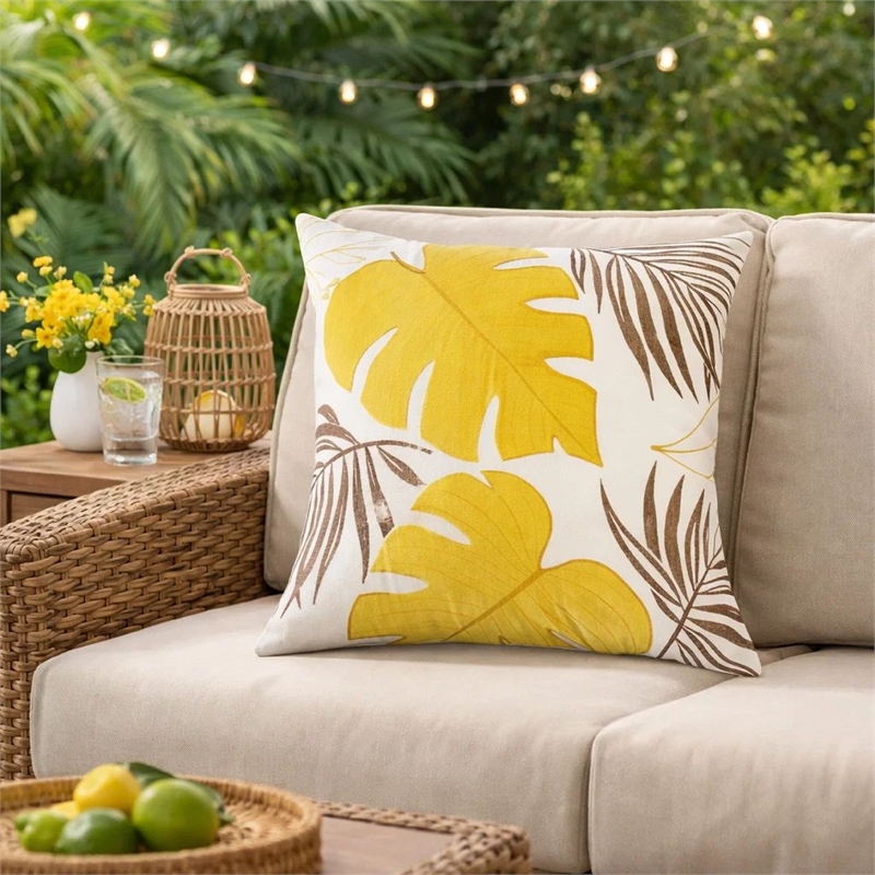 Lefy Accent Pillow Cover- Yellow Cover and White Leaf Vibes- 20 Inch Square