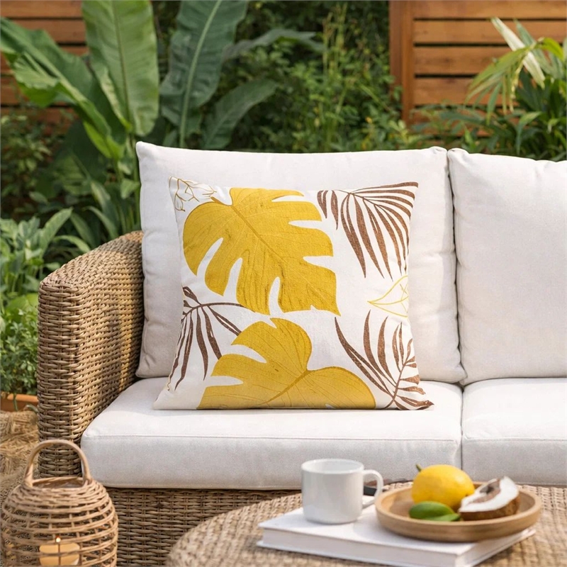 Lefy Accent Pillow Cover- Yellow Cover and White Leaf Vibes- 20 Inch Square