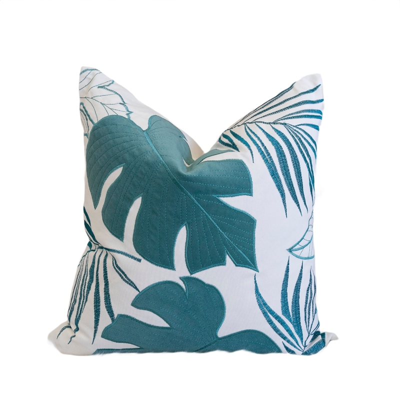 Lefy Accent Pillow- Blue Autumn Leaf Design on White Velvet- 20 Inch Square