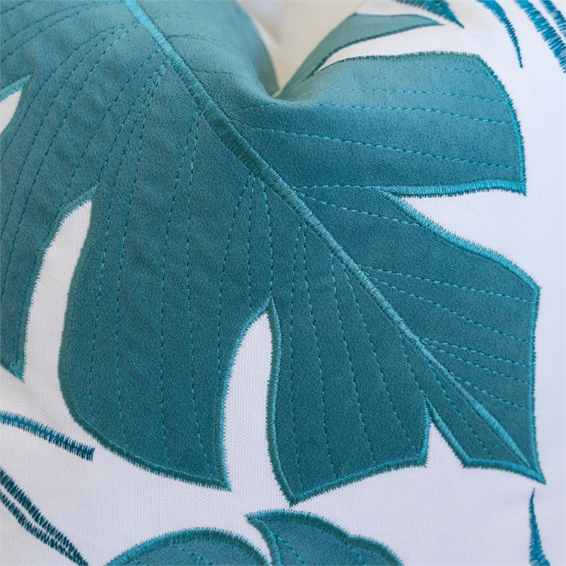 Lefy Accent Pillow- Blue Autumn Leaf Design on White Velvet- 20 Inch Square