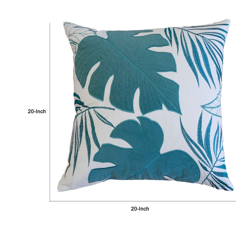 Lefy Accent Pillow- Blue Autumn Leaf Design on White Velvet- 20 Inch Square