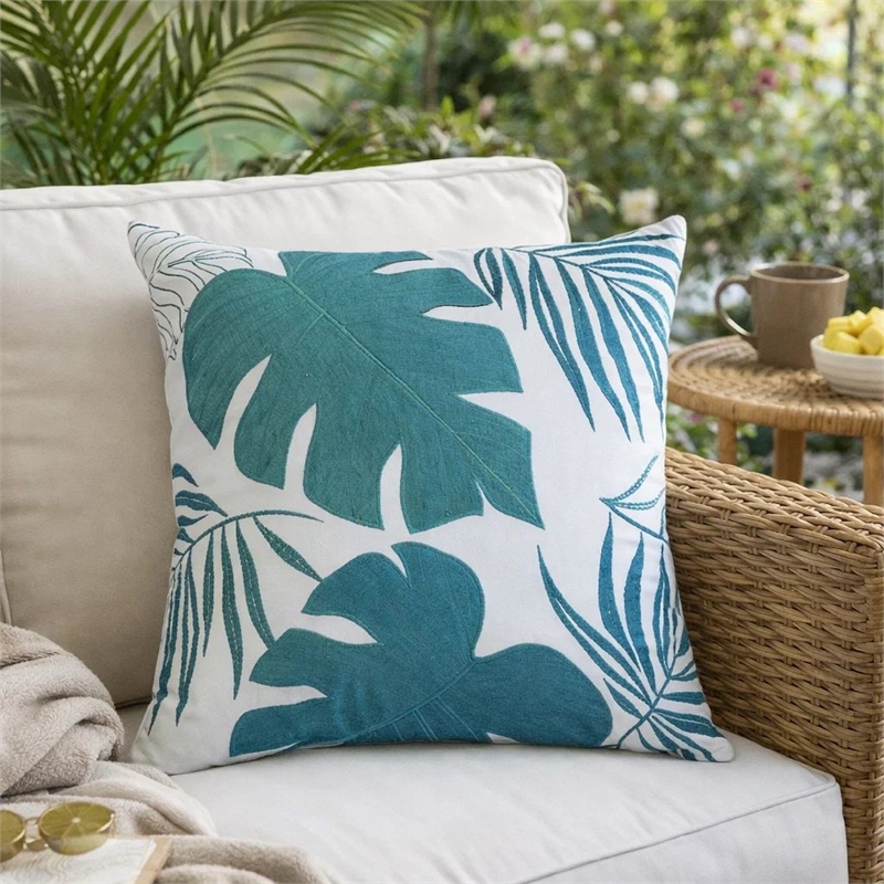 Lefy Accent Pillow- Blue Autumn Leaf Design on White Velvet- 20 Inch Square