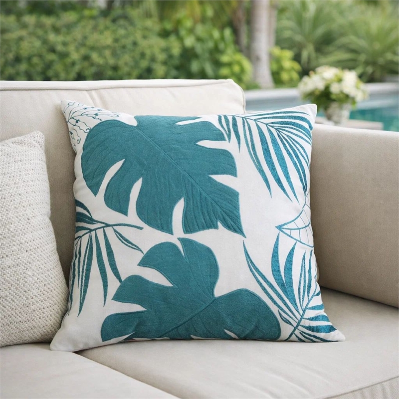 Lefy Accent Pillow- Blue Autumn Leaf Design on White Velvet- 20 Inch Square