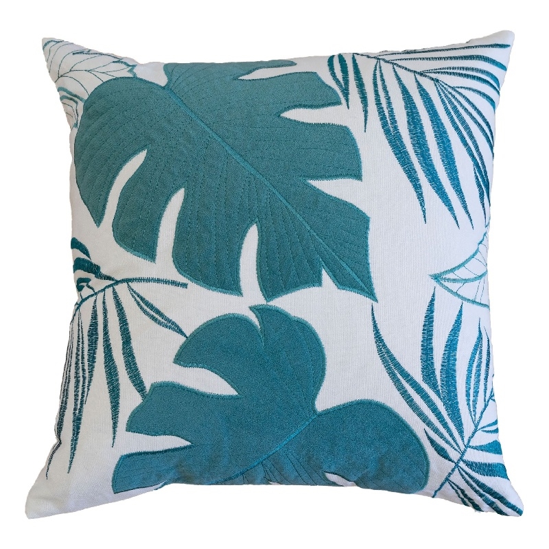Lefy Accent Pillow- Blue Autumn Leaf Design on White Velvet- 20 Inch Square