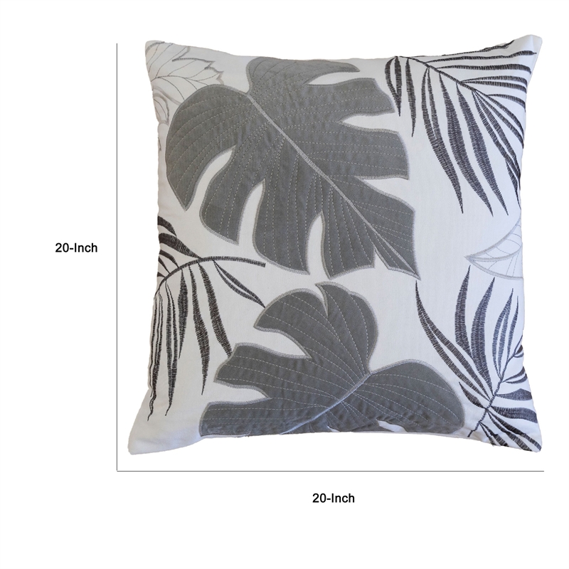 Lefy Accent Pillow- Gray Autumn Leaf Design on White Velvet- 20 Inch Square