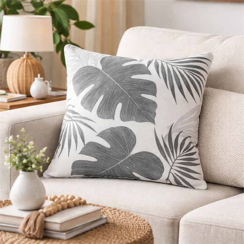 Lefy Accent Pillow- Gray Autumn Leaf Design on White Velvet- 20 Inch Square