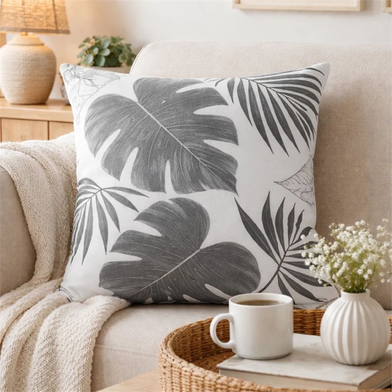 Lefy Accent Pillow- Gray Autumn Leaf Design on White Velvet- 20 Inch Square