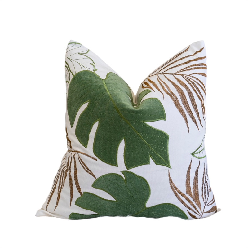 Lefy Accent Pillow- Green Autumn Leaf Design White Velvet- 20 Inch Square