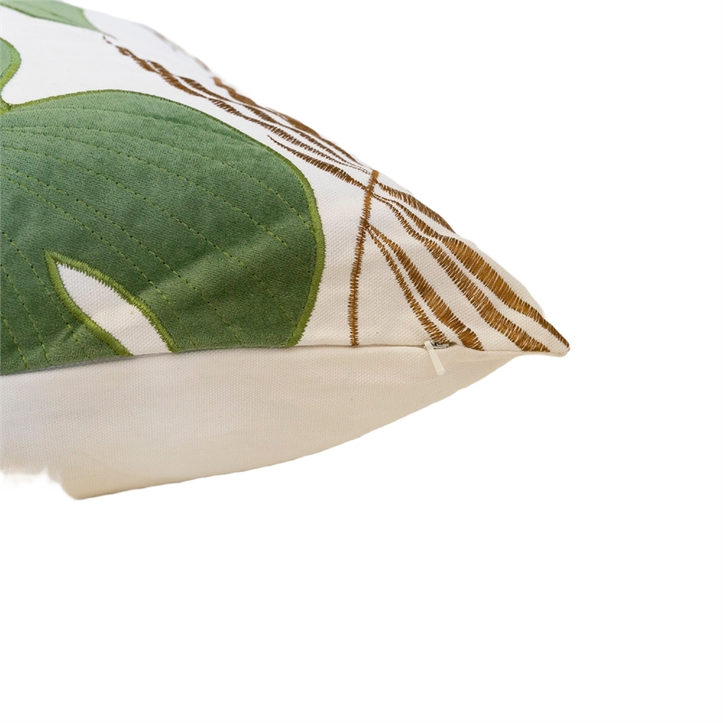 Lefy Accent Pillow- Green Autumn Leaf Design White Velvet- 20 Inch Square