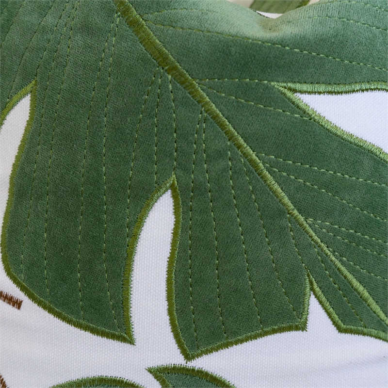 Lefy Accent Pillow- Green Autumn Leaf Design White Velvet- 20 Inch Square