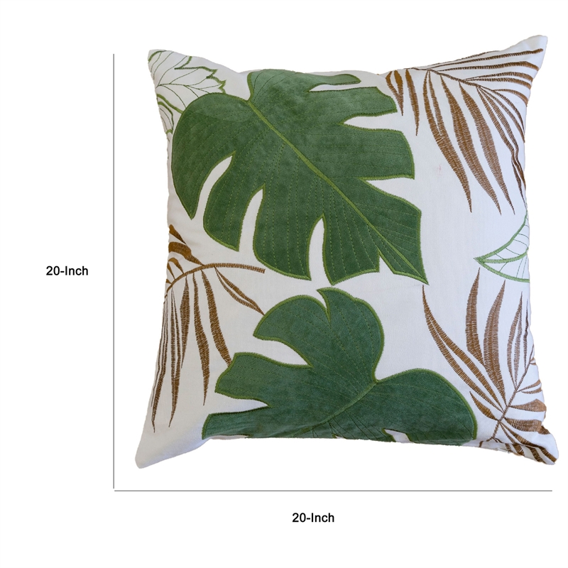 Lefy Accent Pillow- Green Autumn Leaf Design White Velvet- 20 Inch Square