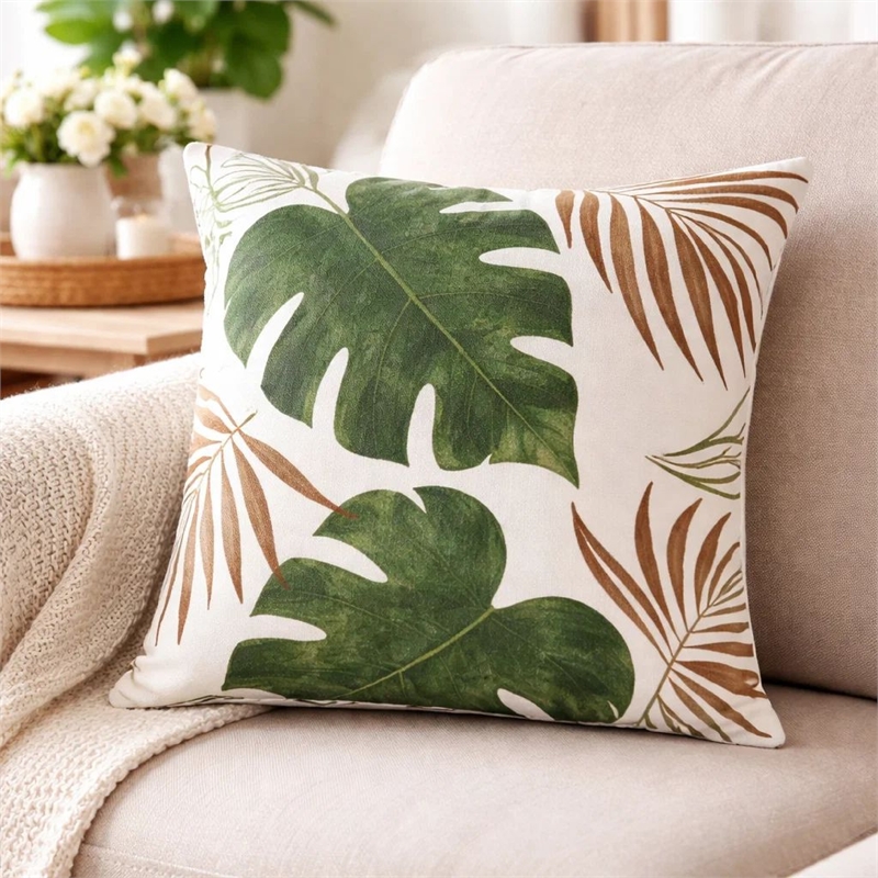 Lefy Accent Pillow- Green Autumn Leaf Design White Velvet- 20 Inch Square