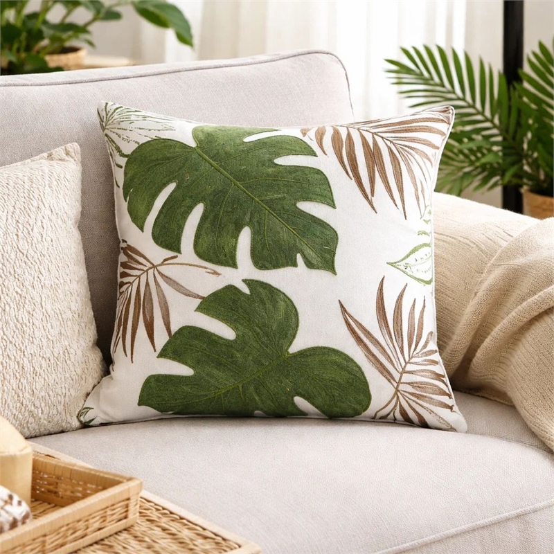 Lefy Accent Pillow- Green Autumn Leaf Design White Velvet- 20 Inch Square