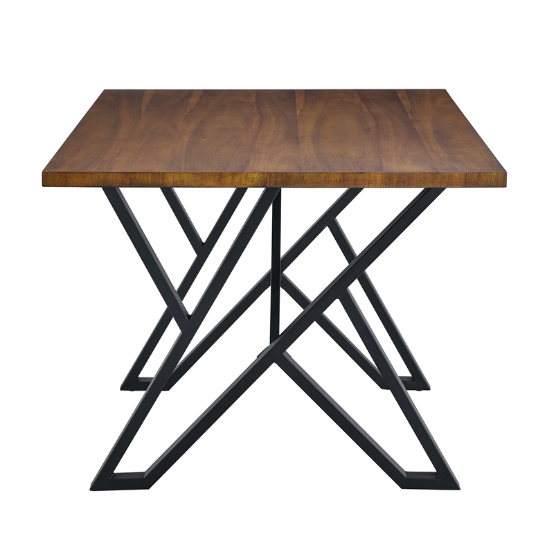 Dining Table- 59 Inch Rectangular Wood Top- Black Metal Trestle Base