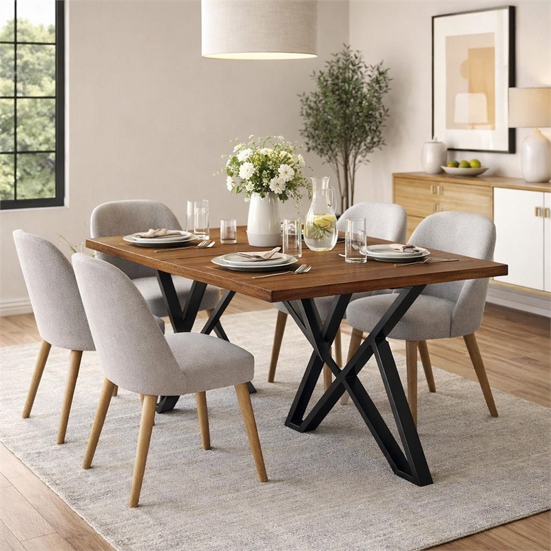 Dining Table- 59 Inch Rectangular Wood Top- Black Metal Trestle Base