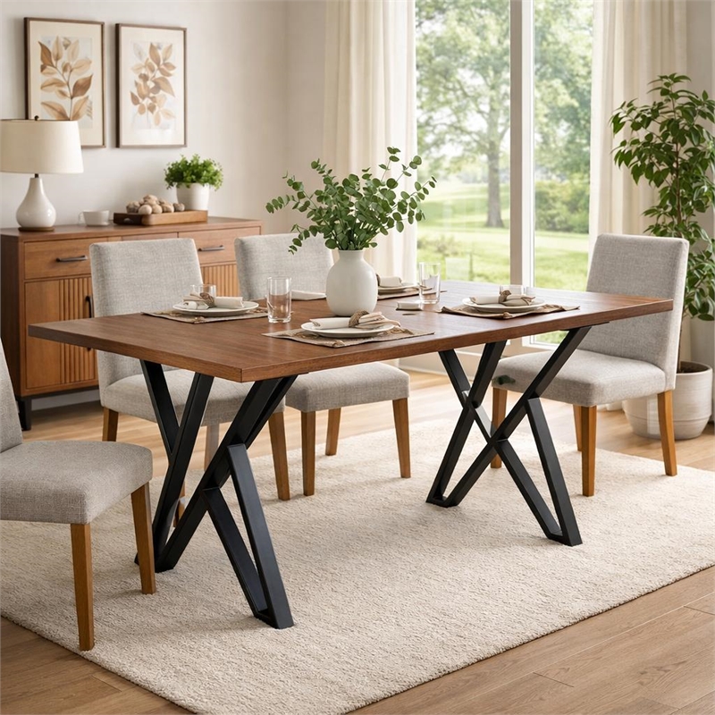 Dining Table- 59 Inch Rectangular Wood Top- Black Metal Trestle Base