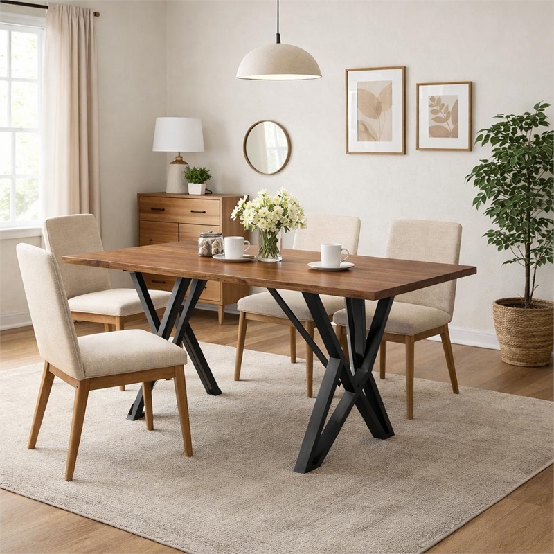 Dining Table- 59 Inch Rectangular Wood Top- Black Metal Trestle Base