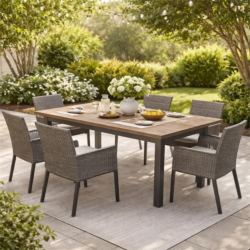 Kristi Outdoor Dining Table- Rectangular Wood Top- Gray Iron Legs- 69 Inch