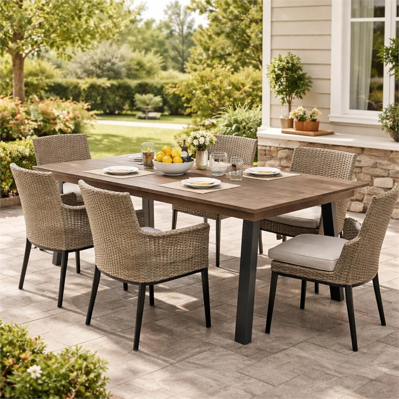 Kristi Outdoor Dining Table- Rectangular Wood Top- Gray Iron Legs- 69 Inch