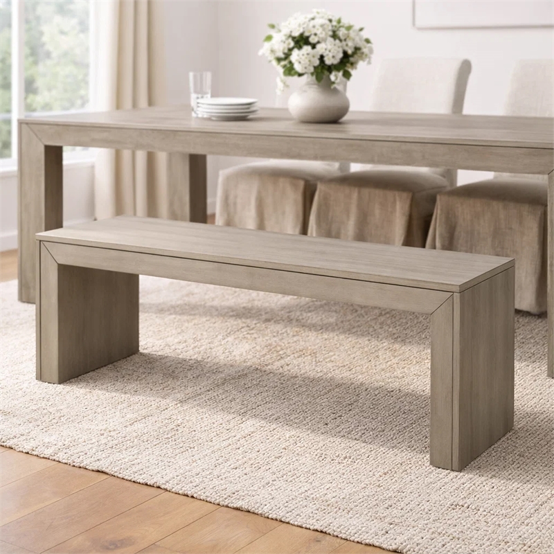 Accent Dining Bench- 48 Inch Taupe Gray Finish- Panel Legs Acacia Wood