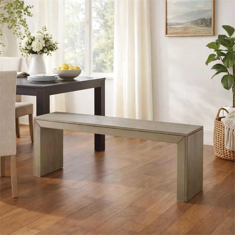 Accent Dining Bench- 48 Inch Taupe Gray Finish- Panel Legs Acacia Wood