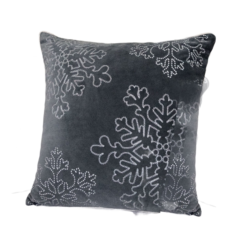 Rola Square Throw Pillow- Silver Snowflake Embroidery- Gray Velvet 20 Inch