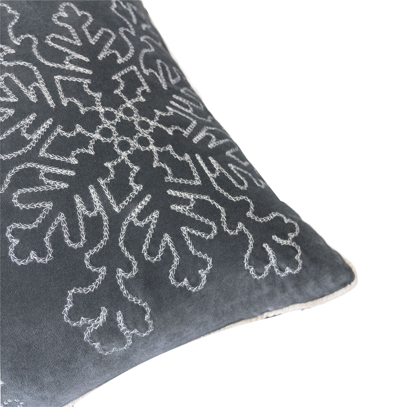 Rola Square Throw Pillow- Silver Snowflake Embroidery- Gray Velvet 20 Inch