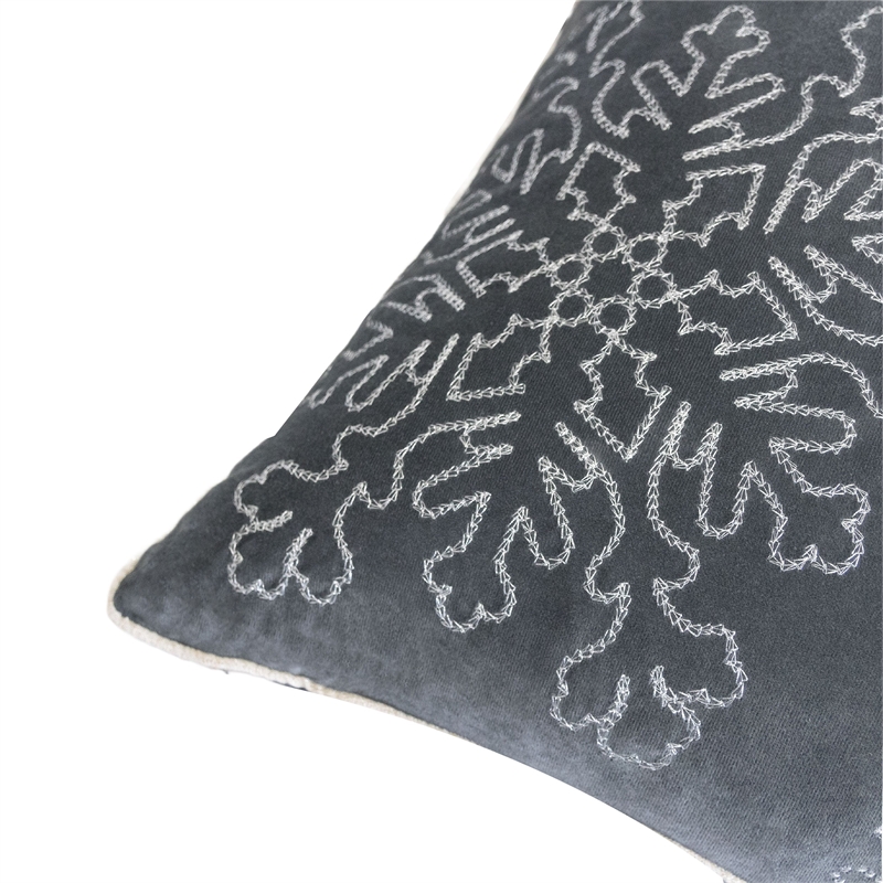 Rola Square Throw Pillow- Silver Snowflake Embroidery- Gray Velvet 20 Inch