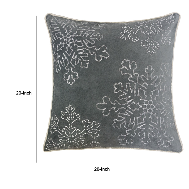 Rola Square Throw Pillow- Silver Snowflake Embroidery- Gray Velvet 20 Inch