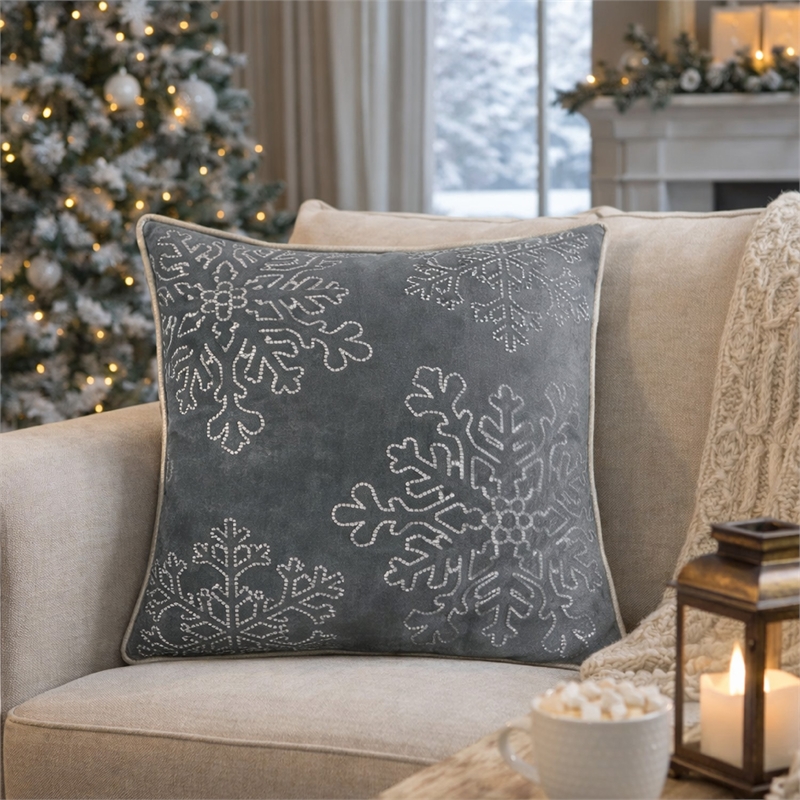 Rola Square Throw Pillow- Silver Snowflake Embroidery- Gray Velvet 20 Inch
