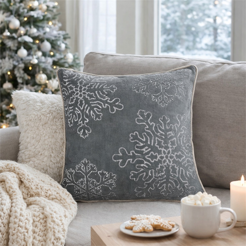 Rola Square Throw Pillow- Silver Snowflake Embroidery- Gray Velvet 20 Inch