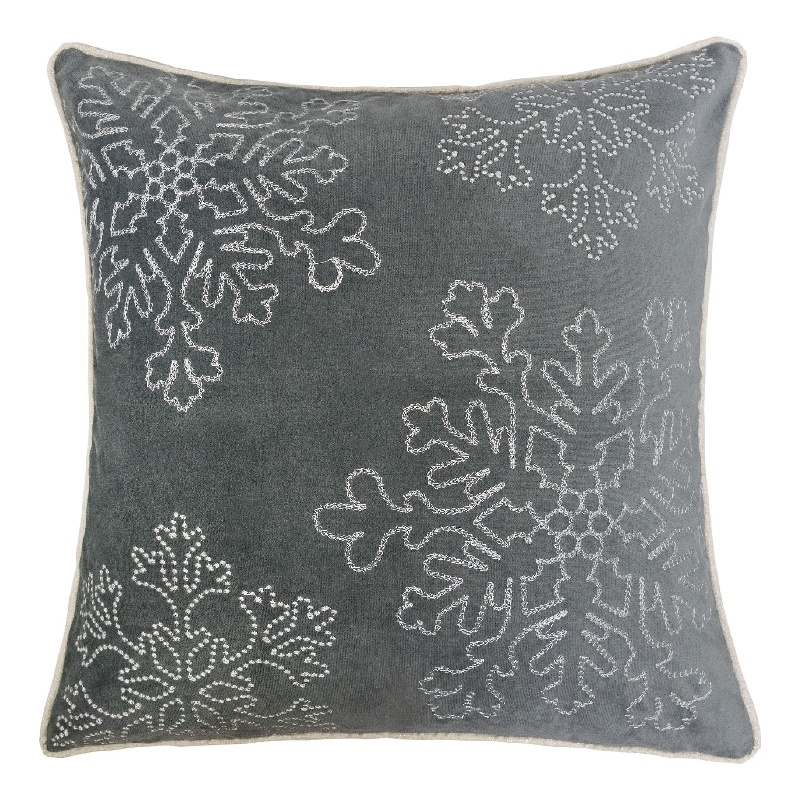 Rola Square Throw Pillow- Silver Snowflake Embroidery- Gray Velvet 20 Inch
